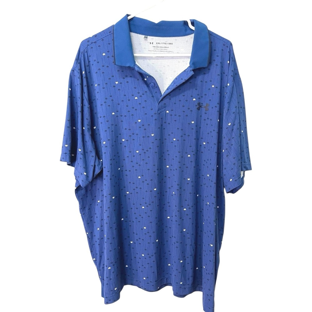 Under Armour XXL Blue Polo Shirt Iso-Chill Palm Tree Tropical Golfcore Summer‎